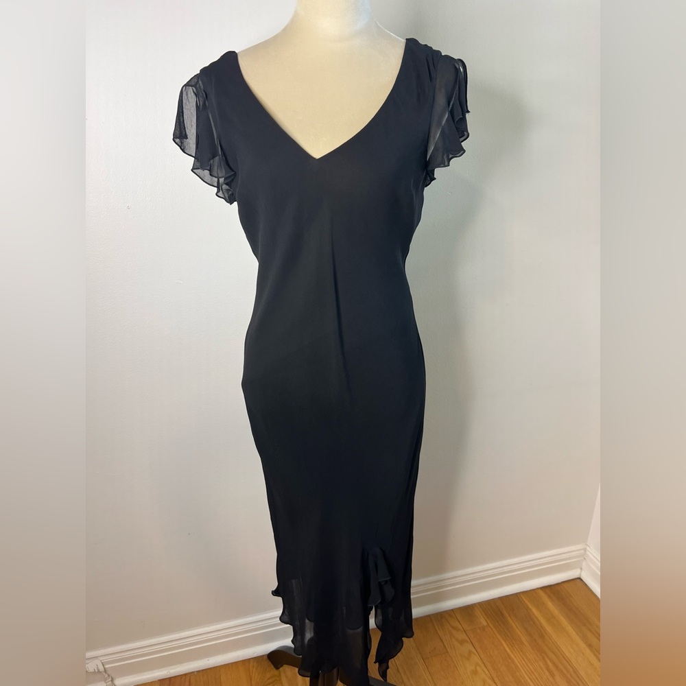 Lapis Y2K Midi Dress  Black V-Neck Flutter Sleeves Ruffle Hem Bodycon SZ S EUC